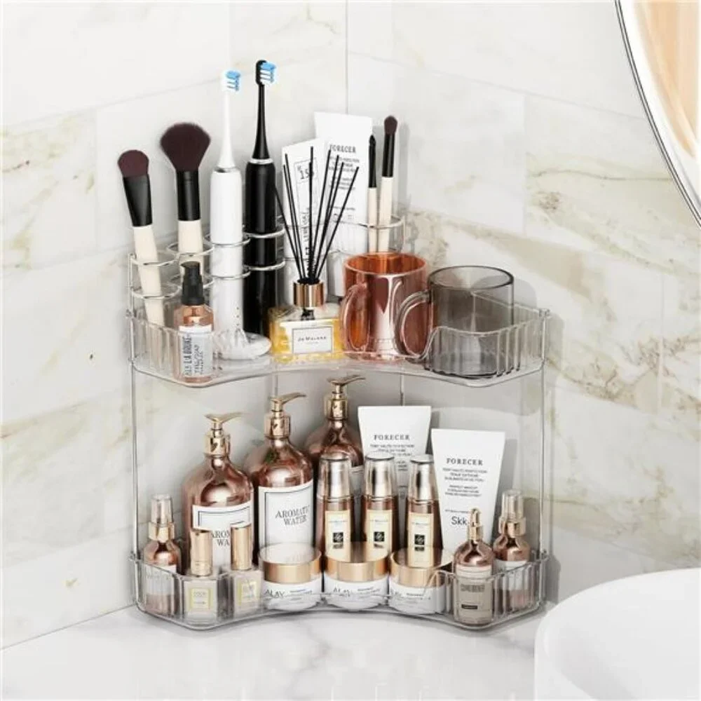 Clear 2 tier corner organizer with brush holder bathroom vanity storage